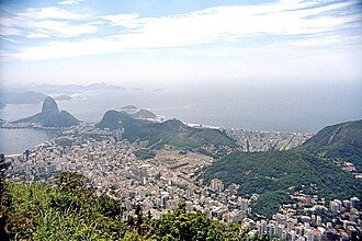View from Corcovado: Sugarloaf Mountain, left; Copacabana beach, center