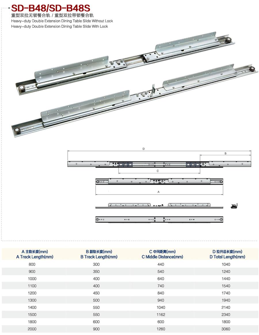 Heavy-duty Double Extension Dining Table Slide Without Lock